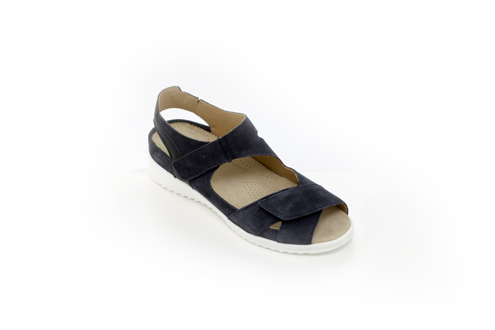 Sandale, Farbe blau, Leder, schmale Füße, Firma Durea, weiches Fußbett, Klettverschluß, verstellbar
